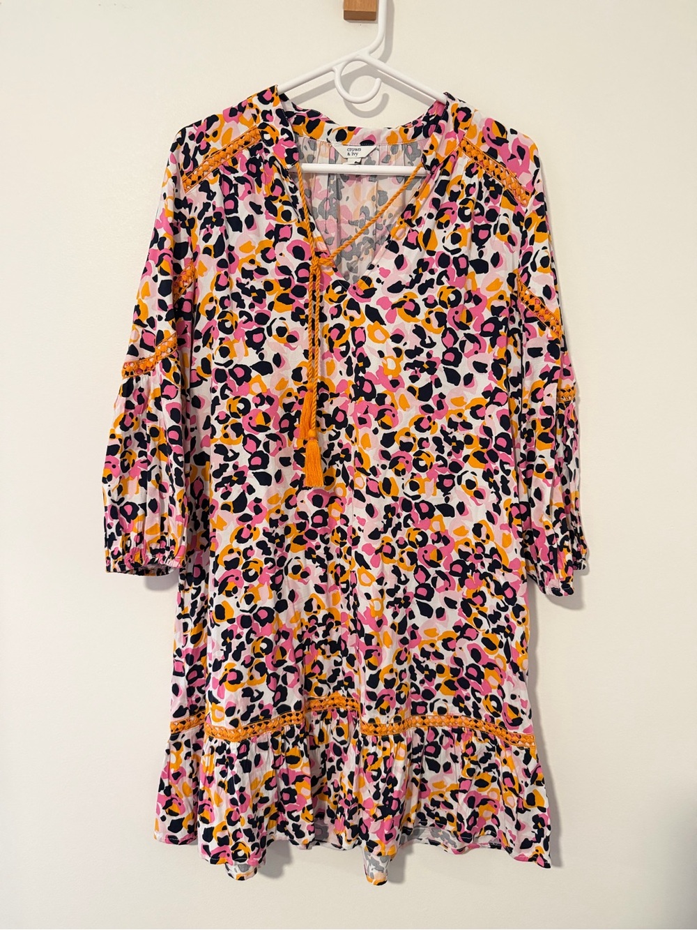 Crown & Ivy M Pink Orange Leopard Print Tassel Ruffle Shift Dress
